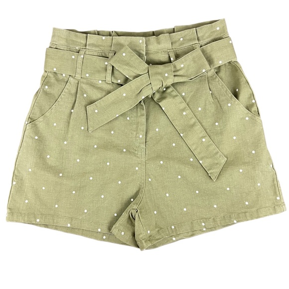 mine Pants - Mine Olive Green Paperbag Shorts Large High Waisted Polka Dot Tie Belt
